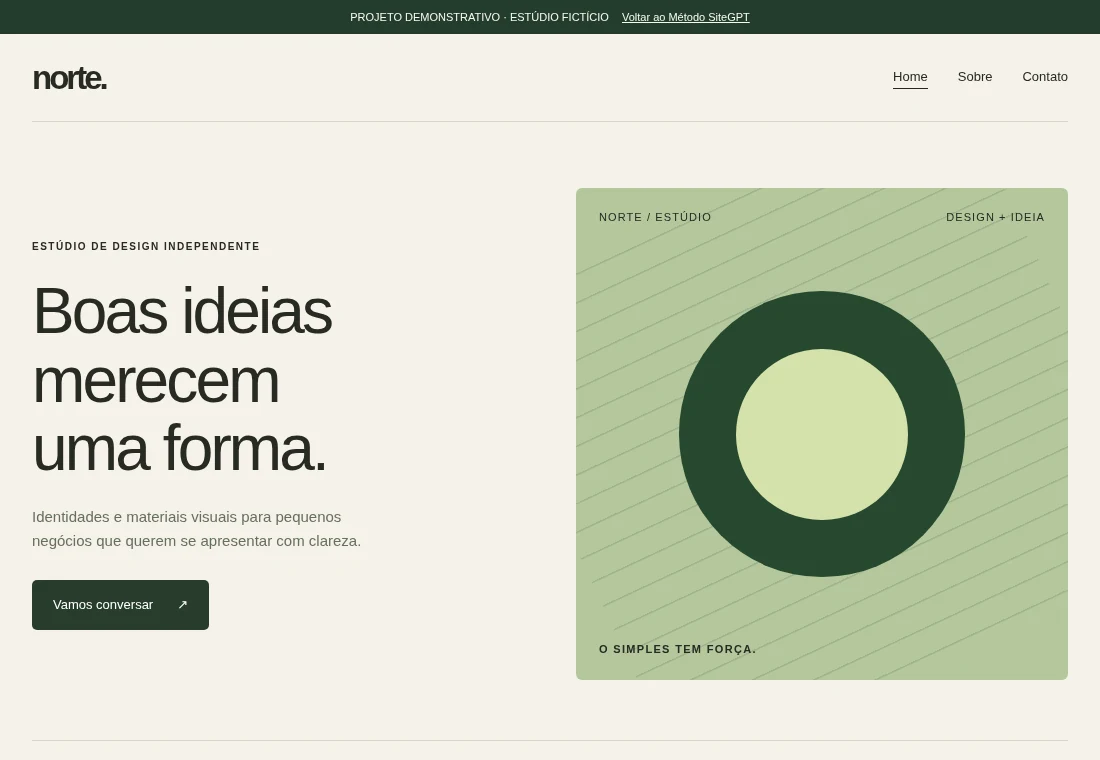Demonstração de site de um estúdio de design, com apresentação e serviços