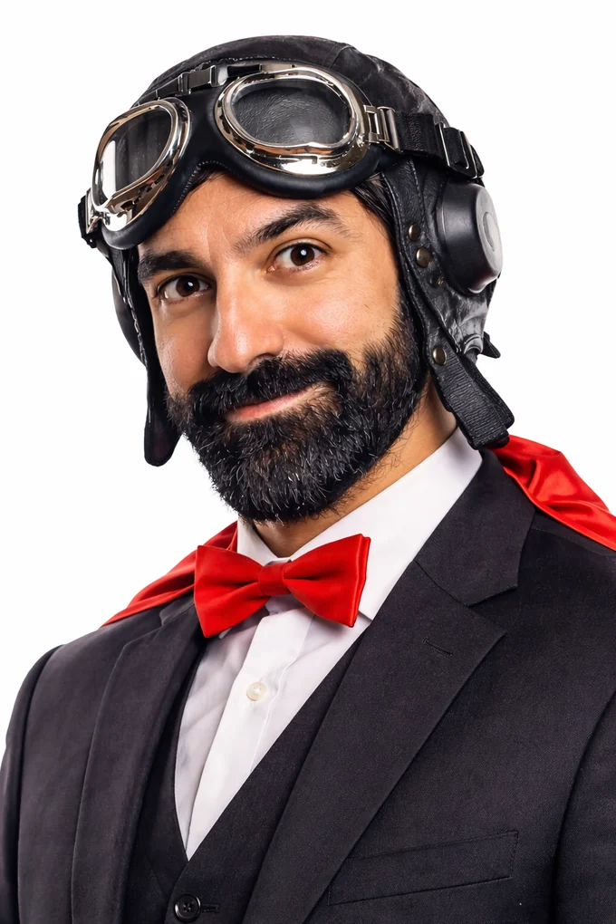 Personagem do Método SiteGPT com capacete de aviador e gravata vermelha